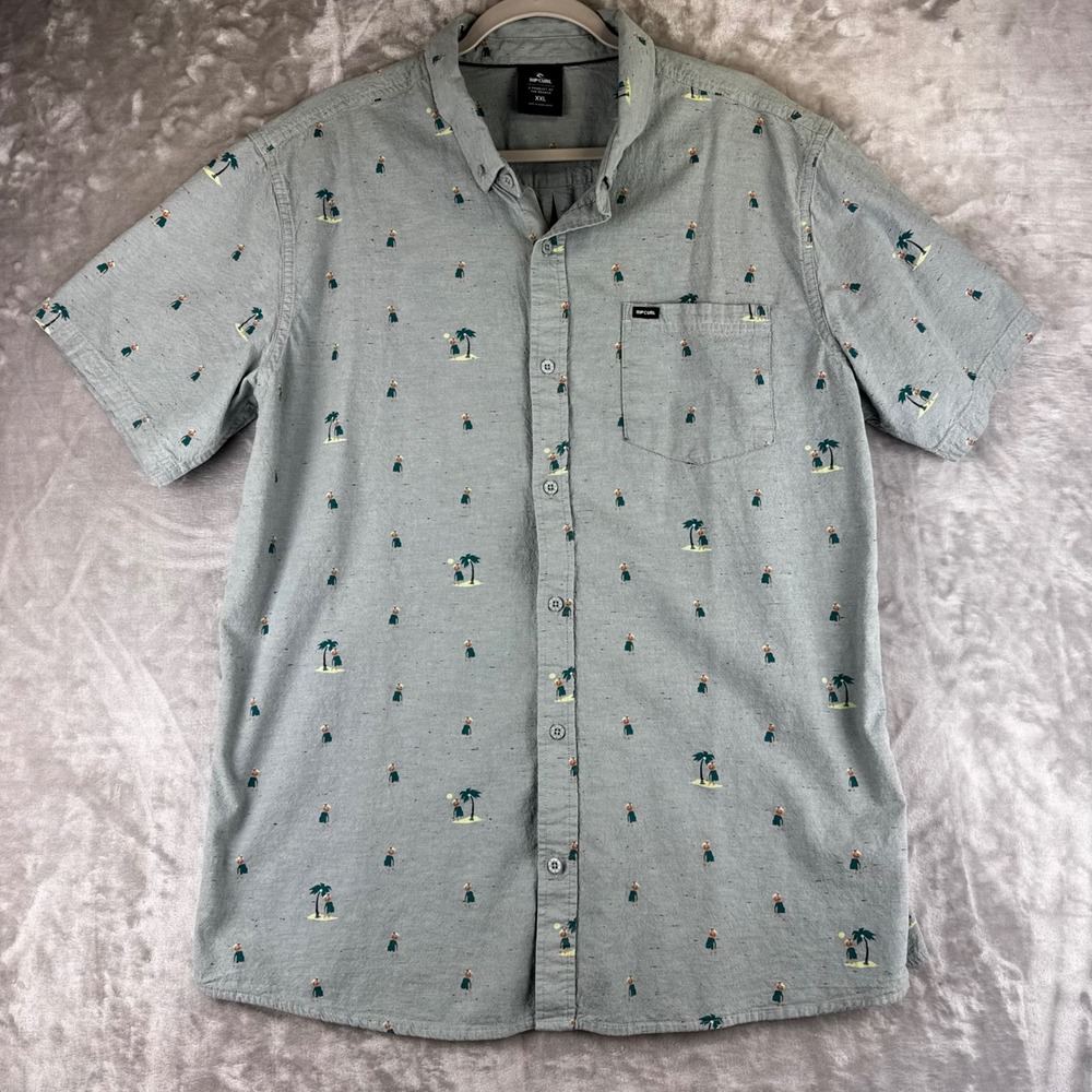 Rip Curl Button Down Shirt Mens XXL Grey Hula Girl Palm Tree Print (1579)